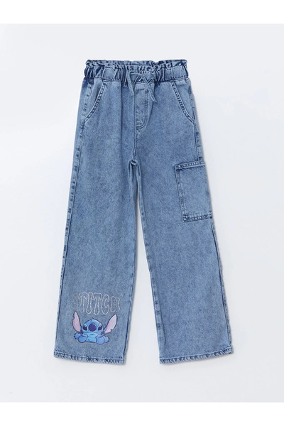 LC Waikiki LCW Kids Mavi Beli Lastikli Stitch Taş Baskılı Kız Çocuk Jean Pantolon