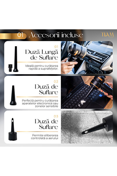 tiam store Aspirator Auto Portabil 4-in-1, 3 Trepte, Baterie 6.000 mAh USB-C, 18.000Pa