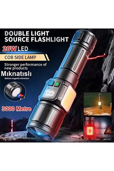 abnturk Ultra Yüksek Güçlü Powerbank 3km Menzilli Şarjlı Metal El Feneri 8 Fo...