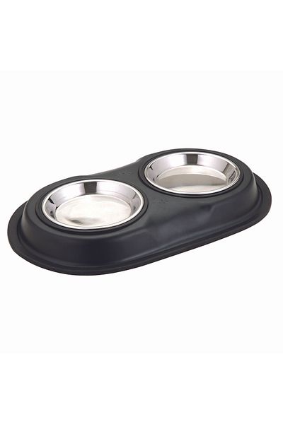 Agility Bol dublu pentru hrana animale cu suport gumat, inox, diametru bol 16 cm, negru