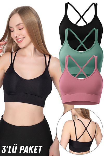 Fivora Padded Thin Strap Cross Back Double Strap Sports Crop Bustier – Lifting Support 3 Pack-8