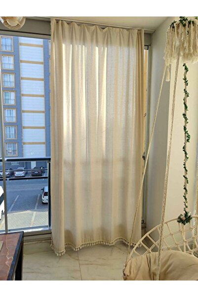 DENBU TEKSTİL Buldan Perde %100 Doğal Pamuklu Püsküllü Keten Perde