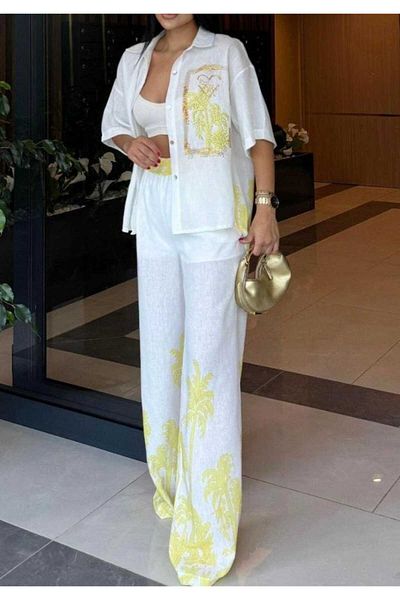 Butik Şenel Palm Printed Linen Shirt Pants Set