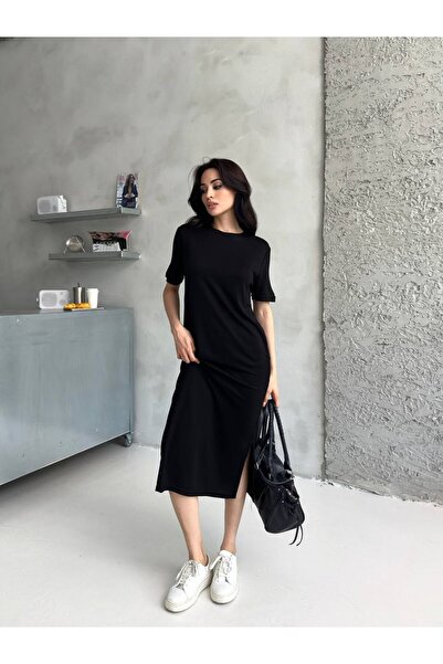 Butik Siyah Yırtmaç Detaylı Basic Elbise