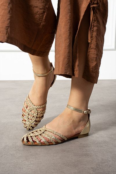 CUCA Genuine Leather Knitted Detail Ankle Strap Elastic Daily Women's Sandals