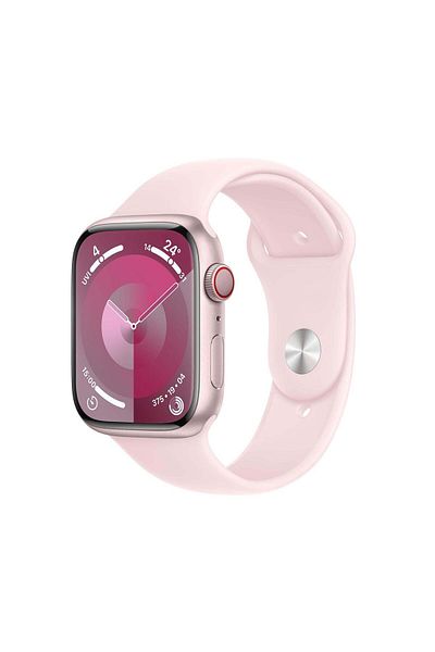 Apple ساعة سيريز 9 بنظام تحديد المواقع العالمي (GPS) وشبكة خلوية، بهيكل من الألومنيوم الوردي مقاس 45 مم، وسوار رياضي وردي فاتح