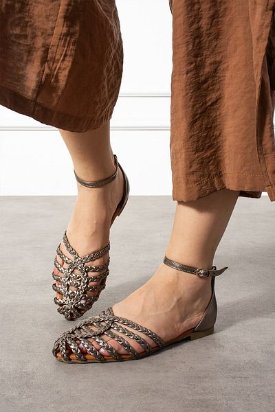 CUCA Genuine Leather Knitted Detail Ankle Strap Elastic Daily Women's Sandals