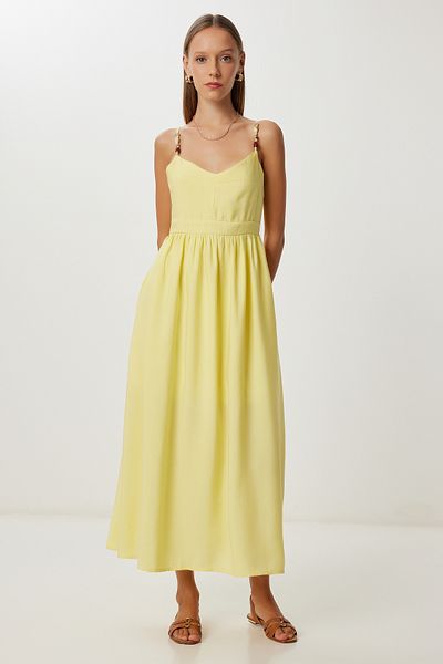 Lovelyİstanbul Bead Detailed Strap Summer Modal Dress Lub0141 Yellow