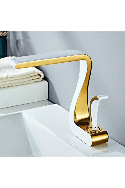 Adsinio Baterie lavoar, Adsinio, Corp din cupru, Monocomandă, Cartuș ceramic, Conexiuni incluse, Alb-Auriu