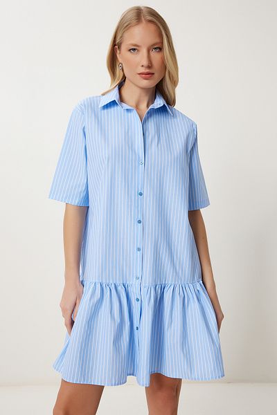 Lovelyİstanbul Striped Flounced Shirt Dress Lfg0040 Blue White