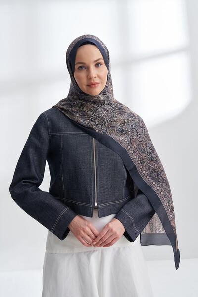 ARMANDA ŞAL ETNIC VUAL CU MODELE VINTAGE - ALBASTRU ÎNCHIS - PUDRĂ