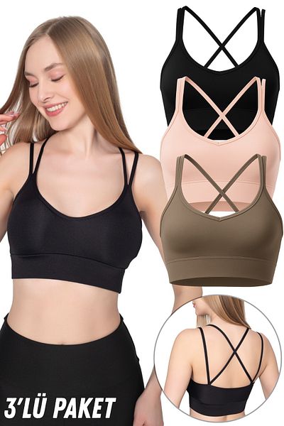 Fivora Padded Thin Strap Cross Back Double Strap Sports Crop Bustier – Support Support 3 Pack-7
