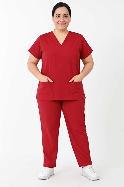 PIQUE Red Lycra Unisex Bat Sleeve Nurse and Doctor Uniform Set Scrubs