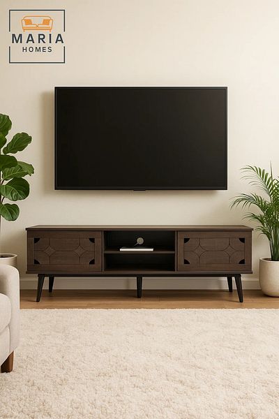 MARIA HOMES Modern Gray Wood-Look TV Stand 180x53 cm with Storage Cabinets and Open Shelves
