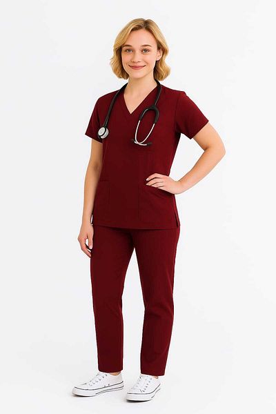 PIQUE Bordeaux Lycra unisex cu mâneci liliac pentru asistentă și medic