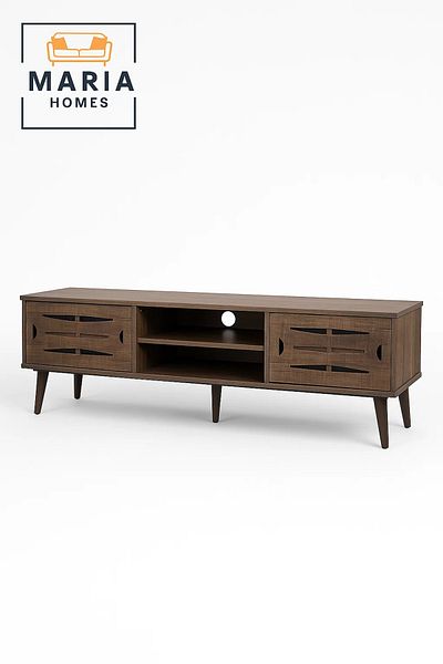 MARIA HOMES Modern Walnut Wood-Look TV Stand 160x50 cm with Cabinets and Open Shelf Storage