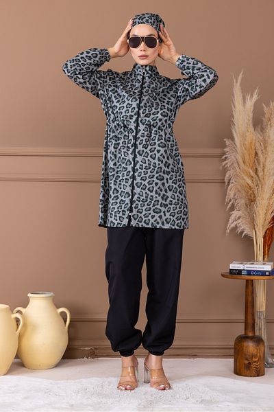 dilber fashion Costum de baie hijab cu model leopard, bonetă și geantă cadou, cu elastic în talie și fermoar.
