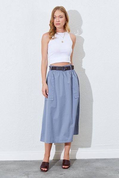 EDITION WOMAN Midi Gabardine Skirt with Belt Detail, Pockets and Elastic Waist |   Ek100293081
