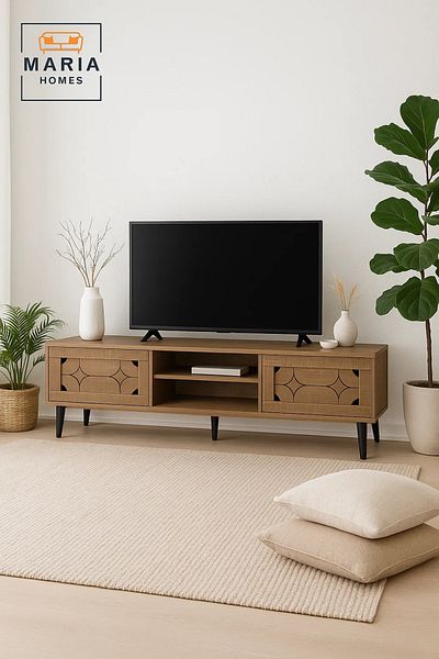 MARIA HOMES Modern Brown Wood-Look TV Stand 160x50 cm with Decorative Cabinets and Cable Hole