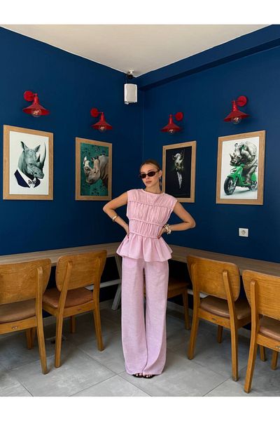Lotus Zero Sleeve Gathered Linen Blouse- Trousers Two Piece Set