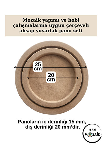 Zen Mozaik Doğal Ahşap Çerçeveli Yuvarlak Pano Seti - 2li Pano Seti (Çap 20 cm ve Çap 25 cm)