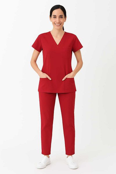 PIQUE Red Lycra Unisex Bat Sleeve Nurse and Doctor Uniform Set Scrubs