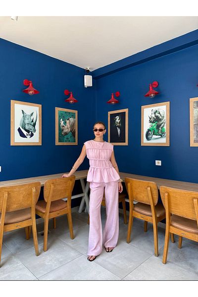 Lotus Zero Sleeve Gathered Linen Blouse- Trousers Two Piece Set