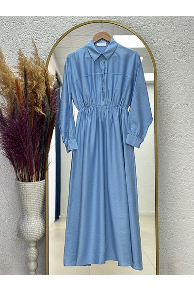 MİHRA STORE Mireva Half Patched Elastic Waist Dress-As4078 Blue