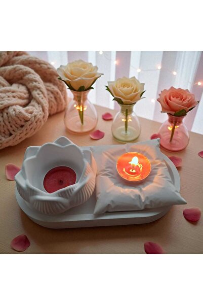 Taştozu 3 lü set Lotus mumluk, yastık mumluk ve Tepsi