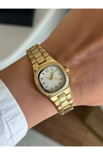 RoseandRoses Celya Square Case Serrated Bezel Women Wrist Watch Gold (White Dial)