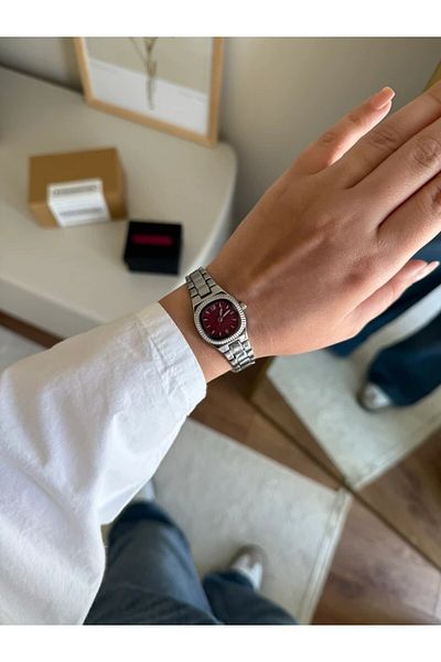 RoseandRoses Celya Square Case Serrated Bezel Women Wrist Watch Silver (Burgundy Dial)