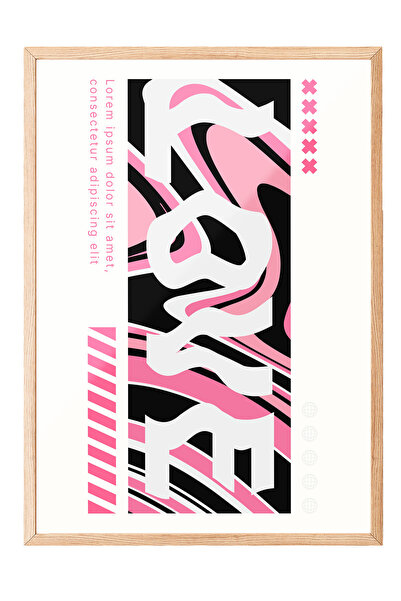 Zestia Tablou cu ramă din lemn, text LOVE, tonuri de roz, tipografie vertical...