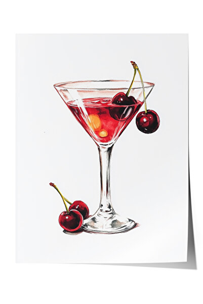 Zestia Poster fără ramă, Cocktail cu cireșe, Fundal alb, Poster în stil acuar...