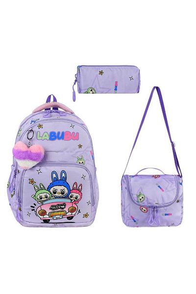 Baginn Set de 3 geanți pentru școală primară Labubu 42*30 cm Cutie de prânz Trusa de creion țesătură ortopedică hidrofugă