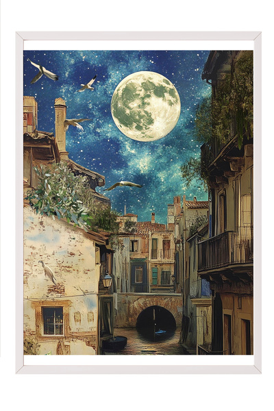 Zestia Tablou înrămat alb, Lumina lunii și case vechi, Poster compoziție noct...