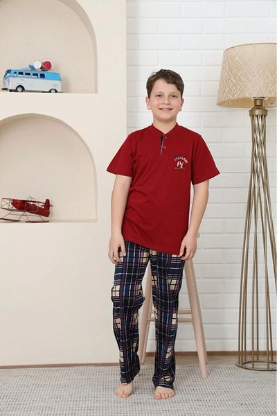 Yağmur Giyim Kapi̇p Burgundy Break Limite Printed Short Sleeve Boy's Pajamas Set 10-15 Years 5873-Bo