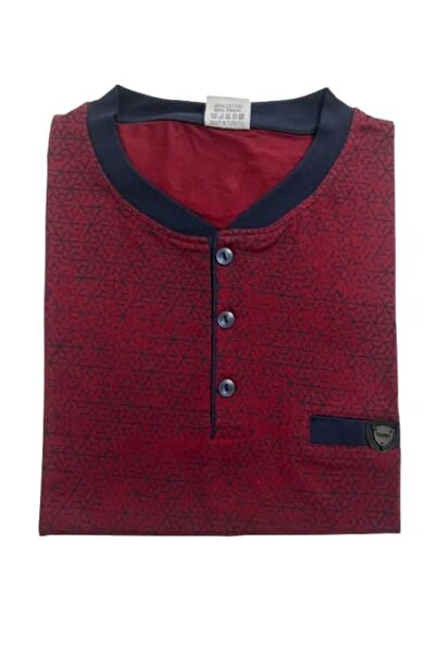 Tarık Men's Combed Cotton Half Button Burgundy Flatolu Network Pattern Long Sleeve Pajama Set