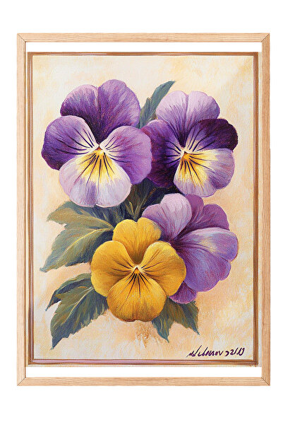 Zestia Картина с дървена рамка, жълто и лилаво-виолетово, ботаническа илюстра...