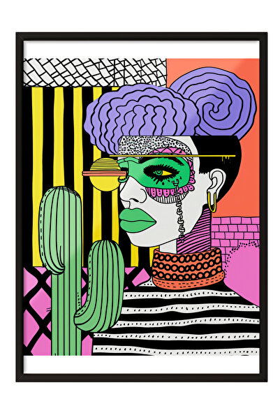 Zestia Tablou înrămat negru, portret de femeie, cactuși și geometrie, poster ...