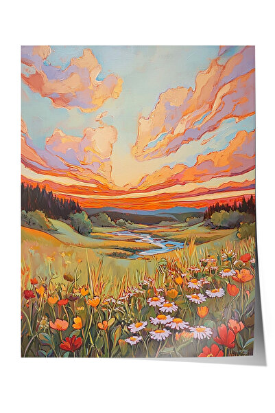 Zestia Poster fără ramă, Peisaj cu flori în vale, Cer la apus de soare, Poste...
