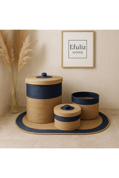 Efuliz Home Σετ μπάνιου από γιούτα-ψάθινο μπαμπού σε μπλε ναυτικό χρώμα, Σετ οργάνωσης πλυντηρίου-μακιγιάζ, καλάθι, χαλί - πατάκι