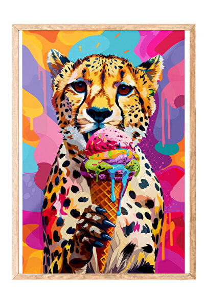 Zestia Картина с дървена рамка, леопард, сладолед и цветен фон, постер в стил...