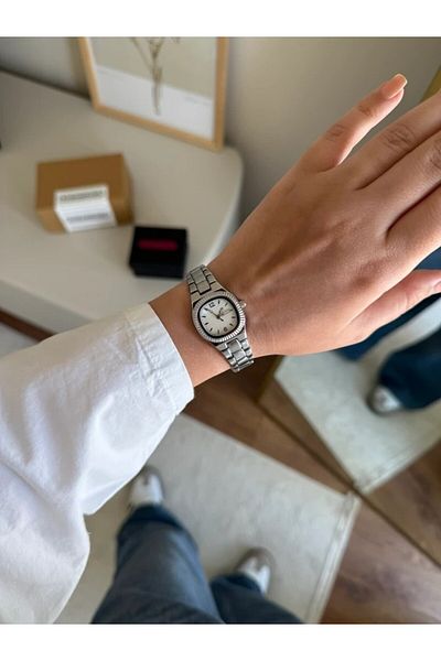 RoseandRoses Celya Square Case Serrated Bezel Women Wrist Watch Silver (White Dial)