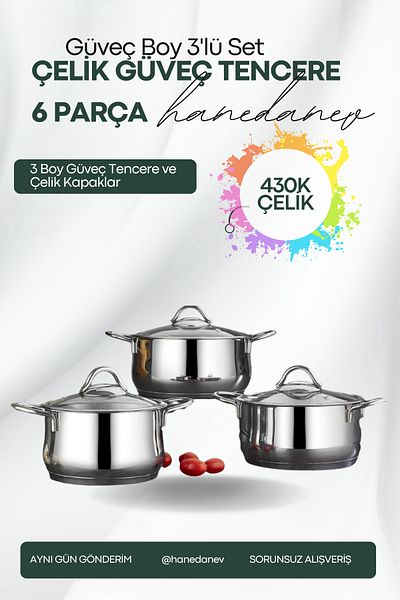 Hanedanev Steel Pot Set 430K Steel Stew Set 6 Piece Pot Set 16 - 18 - 20 cm