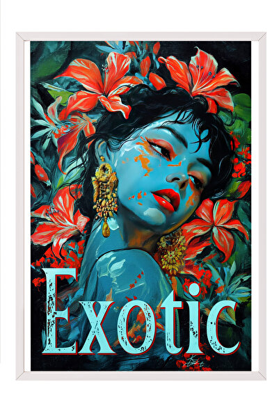 Zestia Tablou în ramă albă, portret de femeie, flori roșii și piele albastră,...