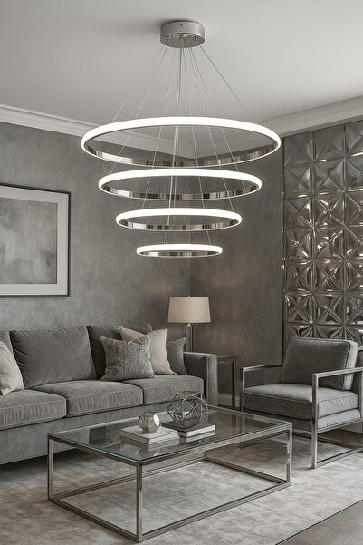 RSCOLLECTIONS 4'lü Çember Modern Sarkıt Led Avize Kumandalı Krom