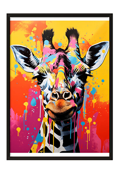 Zestia Tablou înrămat negru, girafă, fundal cu efect de stropi colorați, post...