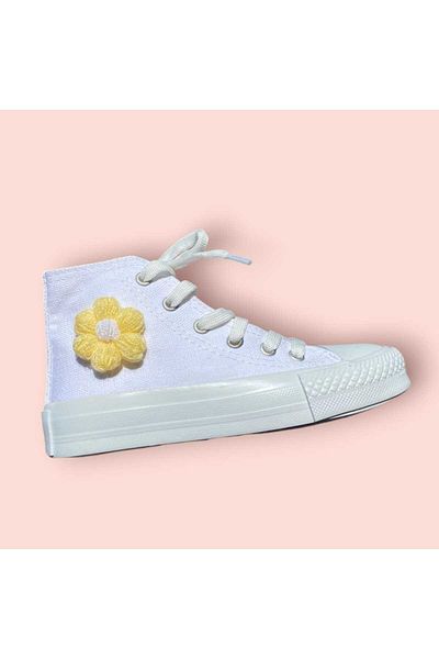ECCAdesing Daisy Embroidered 100% Handworked White Linen Children'S, Teenager's and Women's Sports Shoes Sneaker