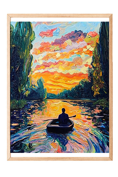 Zestia Картина с дървена рамка, кану и залез, цветен речен пейзаж Плакат №: 1...