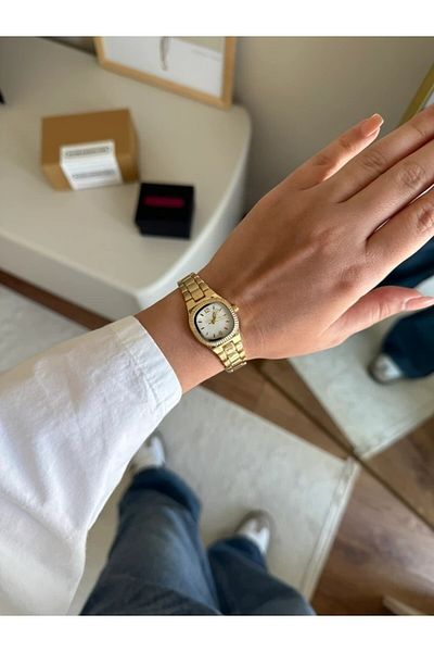RoseandRoses Celya Square Case Serrated Bezel Women Wrist Watch Gold (White Dial)